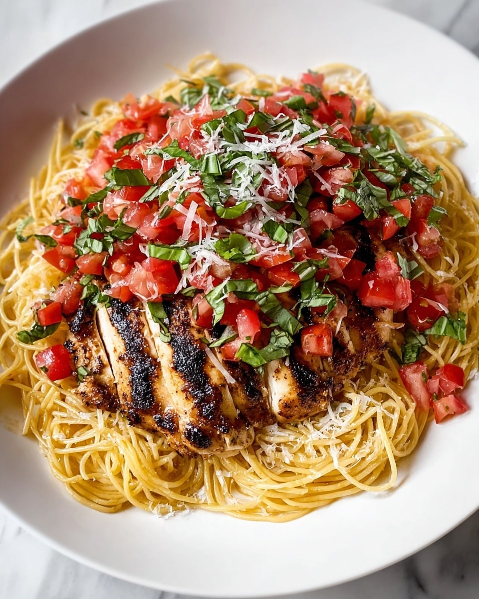 The image shows a white plate with a base layer of light yellow cooked spaghetti arranged in a loose circular shape. On top of the spaghetti sits a thick, grilled chicken breast with dark charred grill marks creating a contrast against the pale cooked meat. The chicken is garnished with small chunks of bright red tomatoes and chopped fresh green basil leaves scattered generously around and on top. There are fine shreds of white cheese sprinkled partially on the spaghetti and chicken. The whole dish is placed on a white marbled surface. photo taken with an iphone --ar 4:5 --v 7