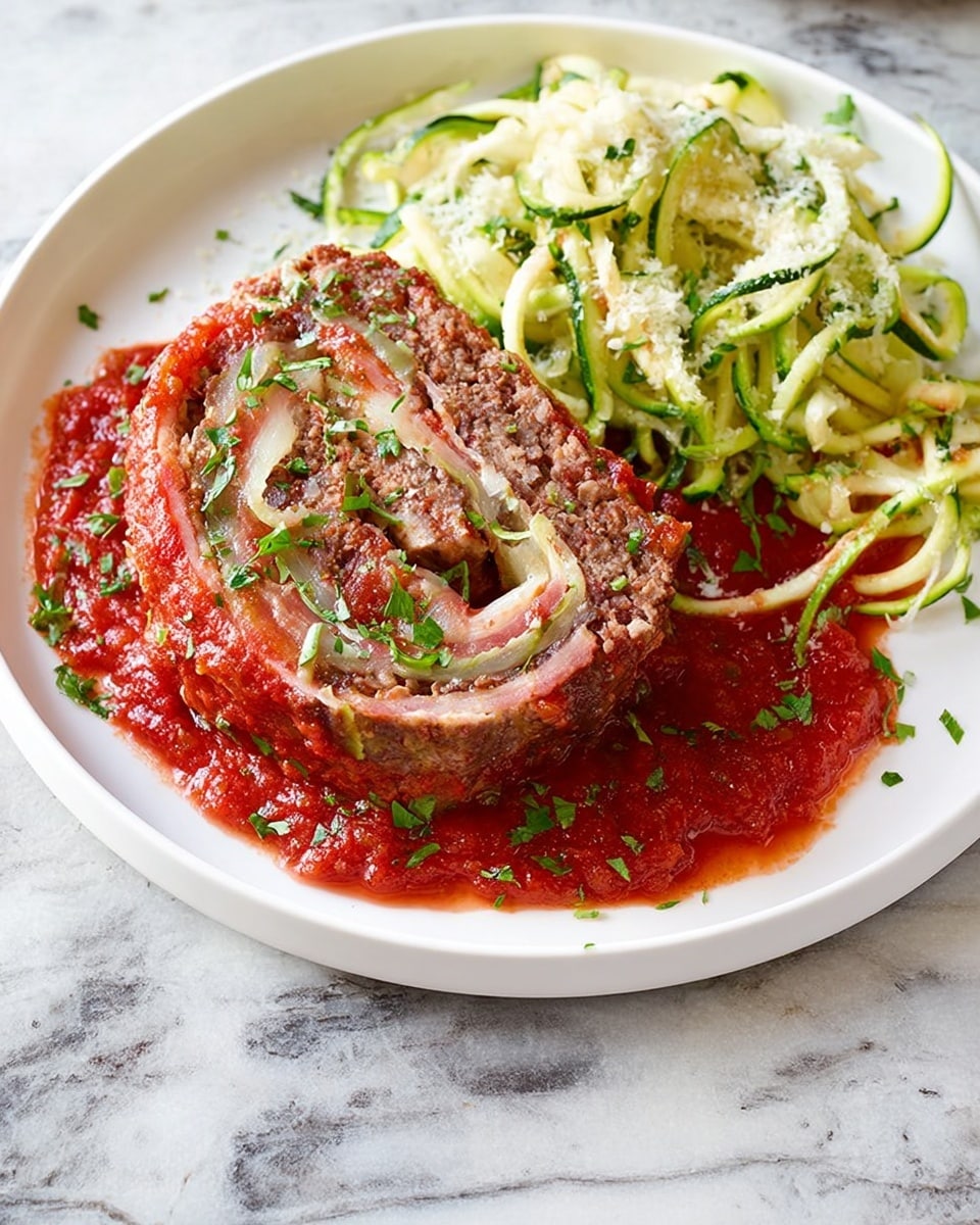 A white plate holds a thick slice of meatloaf topped with melted white cheese and green spinach leaves, surrounded by bright red chunky tomato sauce sprinkled with grated cheese and chopped green herbs. Next to the meatloaf are spiralized light green and pale yellow zucchini noodles loosely piled, with the red sauce slightly touching them. The plate sits on a white marbled surface. Photo taken with an iphone --ar 4:5 --v 7