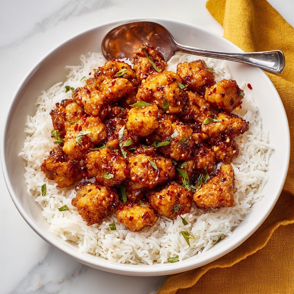 A white bowl filled with a base layer of fluffy white rice, topped with a generous pile of golden-brown glazed chicken pieces. The chicken looks juicy and coated with a shiny, slightly sticky sauce with a few small green herb bits sprinkled on top. A silver spoon rests on the side of the bowl, partially buried in the rice. The bowl sits on a white marbled surface with a hint of a yellow cloth nearby. Photo taken with an iphone --ar 4:5 --v 7