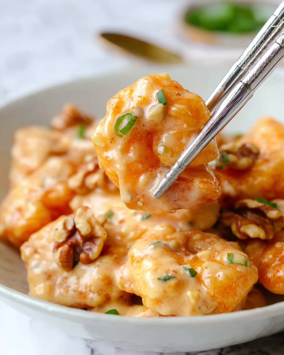 A close-up shows a shiny, golden battered shrimp with some creamy light orange sauce on it, held by metal chopsticks above a white bowl filled with more shrimp coated in the same sauce. Small green onion pieces sprinkle the shrimp, adding some green color contrast. Beneath the shrimp in the bowl, some light brown, glossy walnut pieces are visible, adding texture and depth to the dish. The background has a soft focus with a white marbled texture. photo taken with an iphone --ar 4:5 --v 7