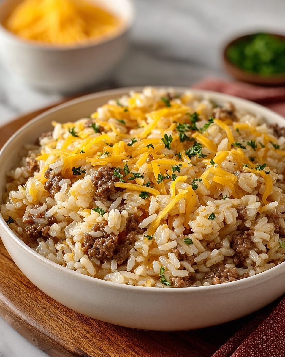The image shows a close-up of a white bowl filled with a creamy mixture of cooked rice and browned ground beef pieces, evenly mixed throughout. The rice grains are soft and slightly shiny, while the ground beef adds a crumbly brown texture. On top, there is a layer of melted shredded yellow cheese, scattered sparingly with small green parsley pieces for color contrast. In the background, slightly blurred, there is a small white bowl with extra shredded cheese and parsley. The dish sits on a white marbled surface with a wooden cutting board partially visible underneath photo taken with an iphone --ar 4:5 --v 7