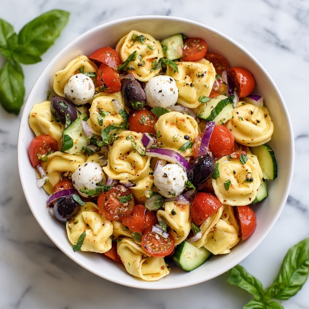 The image shows a white bowl filled with a colorful tortellini pasta salad. The bottom layer is made up of pale yellow tortellini with a slightly curved shape and ruffled edges. On top of the pasta are bright red halved cherry tomatoes, dark purple-black olives, small white mozzarella balls with black pepper sprinkle, and thin slices of green cucumber. There are some small pieces of finely chopped red onion and torn green basil leaves scattered throughout, adding bursts of color and texture. The ingredients look fresh and lightly coated with some seasoning, giving the salad a glossy look. The bowl is set on a white marbled surface with a few basil leaves nearby. photo taken with an iphone --ar 4:5 --v 7