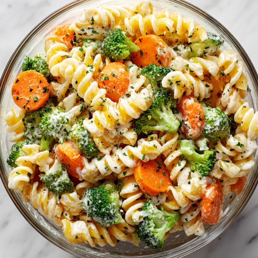 A clear glass bowl filled with a pasta salad that has three main visible layers: the bottom layer shows pale yellow spiral rotini pasta, the middle layer has bright green broccoli florets and celery pieces coated lightly with white creamy dressing with black pepper specks, and the top layer displays fresh orange carrot slices also covered with creamy dressing. The textures contrast between the smooth pasta and the crisp vegetables, all mixed together evenly. The background is a white marbled texture. photo taken with an iphone --ar 4:5 --v 7