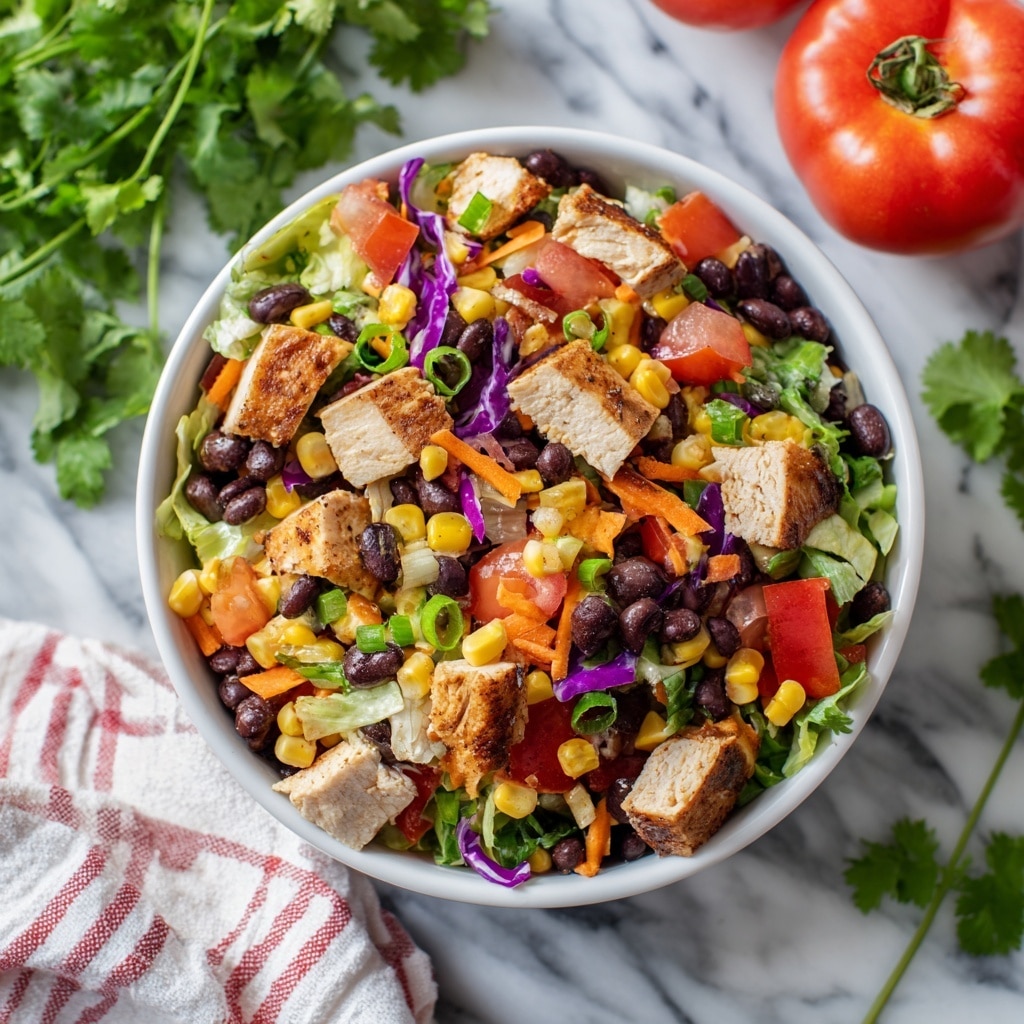 A white bowl filled with a colorful mixed salad sits on a white marbled surface. The salad has many layers and bits, including black beans scattered throughout, bright yellow corn kernels, and chunks of light brown grilled chicken. There are pieces of red tomato, thin orange carrot strips, and small cubes of purple cabbage adding vibrant color. Slices of green onion and green cilantro leaves are sprinkled on top, giving a fresh look. Nearby, part of a striped cloth and a red tomato with green cilantro leaves can be seen. Photo taken with an iphone --ar 4:5 --v 7
