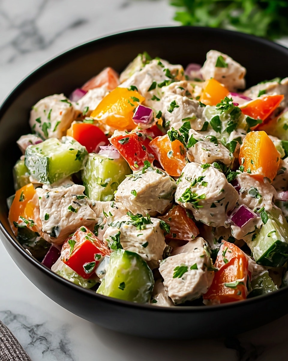 A close-up view of a colorful salad served in a deep matte black bowl placed on a white marbled surface. The salad contains chunky cubes of tender white chicken mixed with bright green cucumber pieces and orange and red bell pepper chunks, all coated lightly in a creamy white dressing. Sprinkled throughout are fresh, finely chopped green herbs and bits of red onion adding vivid contrast and texture. The colors are fresh and vibrant, creating a lively mix that fills the bowl evenly. Photo taken with an iphone --ar 4:5 --v 7