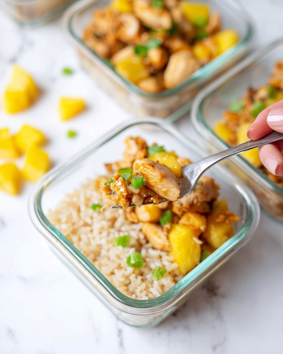 A clear glass container held by a woman's hand shows a two-layer meal: the bottom layer is soft, light brown cooked rice filling half the container, while the top layer contains pieces of golden-brown cooked chicken mixed with yellowish pineapple chunks, all sprinkled with bright green chopped onions. The container is set on a surface with a white marbled texture, and more containers with the same dish are softly blurred in the background. photo taken with an iphone --ar 4:5 --v 7