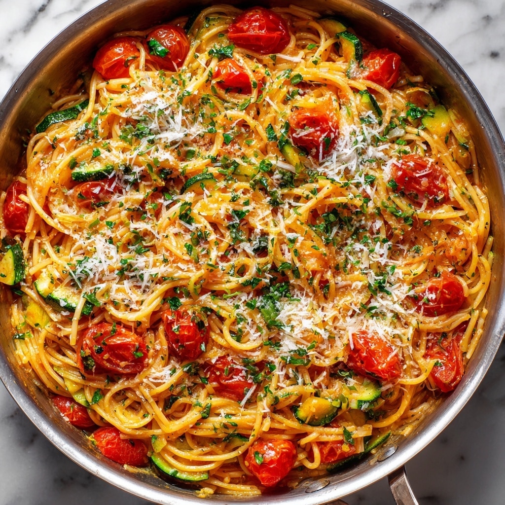 A close-up of a metal pan filled with spaghetti coated in a light reddish-orange sauce, mixed with small roasted cherry tomatoes and pieces of sautéed vegetables, likely eggplant or zucchini, sprinkled generously with grated white cheese and finely chopped fresh green parsley, all sitting on a wooden surface with a white marbled texture partly visible at the top, showing a rich and textured pasta dish. photo taken with an iphone --ar 4:5 --v 7