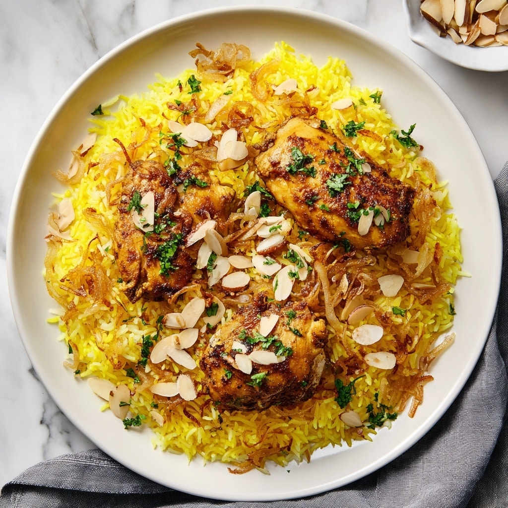 A shallow white plate is filled with bright yellow rice, showing a soft, fluffy texture mixed with small cooked onion slices and sprinkled with thin brown almond slivers and green herbs. On top of the rice, two pieces of golden-brown seasoned chicken rest, with a slightly crispy surface and some herb garnish. The plate sits on a white marbled surface with a soft gray cloth partially visible in the background. photo taken with an iphone --ar 4:5 --v 7