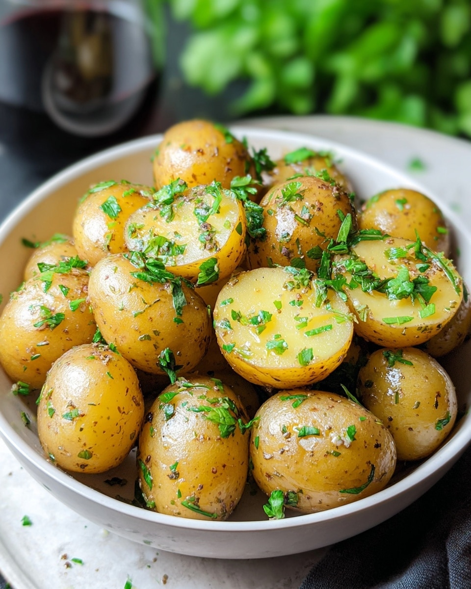 A white bowl filled with about two layers of small golden baby potatoes, some whole and some cut in half showing a smooth, soft yellow inside; each potato is shiny with a light coating of seasoning and fresh chopped green herbs sprinkled evenly on top and throughout, giving a fresh and slightly textured look. The bowl sits on a white marbled surface with blurred green leaves in the background and a dark glass nearby. The lighting highlights the glossy texture of the potatoes and the bright green herbs, making the dish look fresh and appetizing. photo taken with an iphone --ar 4:5 --v 7
