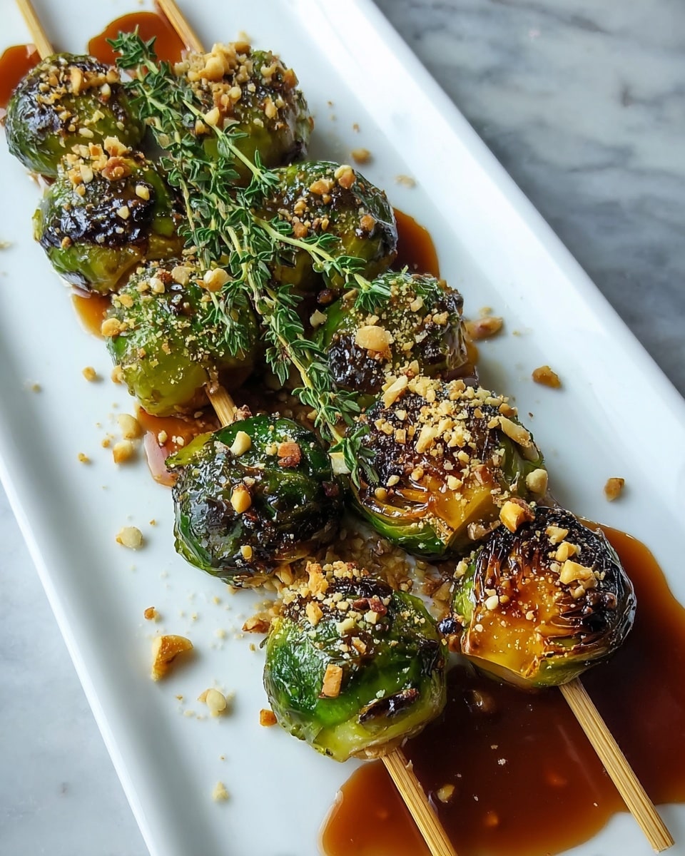 Two wooden skewers with five grilled Brussels sprouts each are placed side by side on a long white plate. Each Brussels sprout is charred with a dark green and golden brown roasted texture, covered in a shiny dark brown sauce that pools slightly on the plate. Crushed nuts are sprinkled over the Brussels sprouts and sauce, adding a light golden crunchy texture. A sprig of fresh green thyme rests on top of the skewers, adding a fresh natural detail. The scene is set against a white marbled background. photo taken with an iphone --ar 4:5 --v 7
