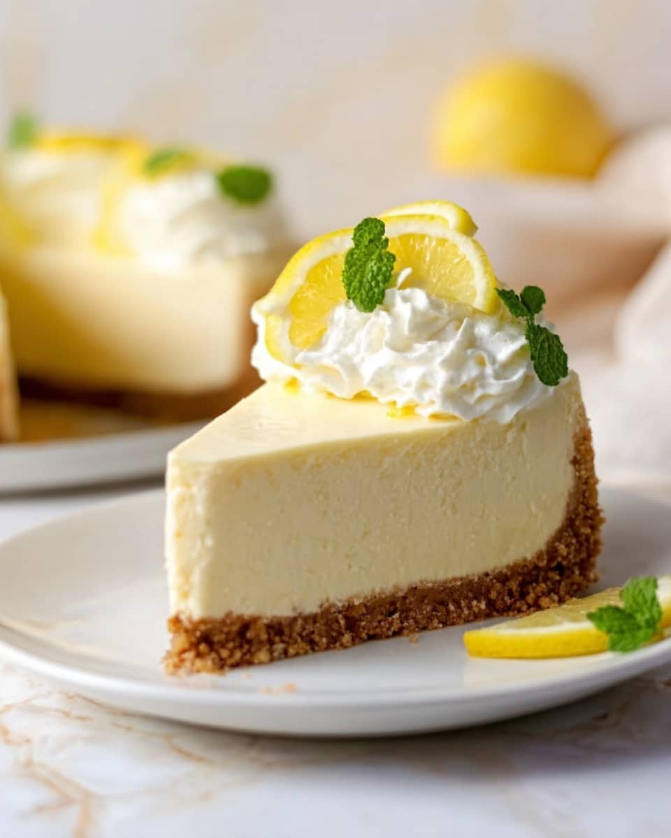 The image shows a lemon cheesecake with three visible layers placed on a white cake stand with a beaded edge. The bottom layer is brown and crumbly, forming the crust. Above it is a thick, creamy white cheesecake layer. The top layer is a smooth, glossy, bright yellow lemon topping that slightly drips over the side. On top, six evenly spaced dollops of white whipped cream hold a thin lemon slice each, arranged around the cake's edge. One slice of cheesecake is missing, revealing the layers clearly. The background is a white marbled texture. photo taken with an iphone --ar 4:5 --v 7