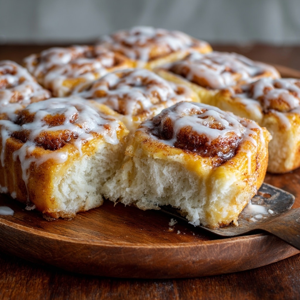A close-up image of soft cinnamon rolls in a glass baking dish, showing a thick layer of light brown cinnamon sugar filling twisted within the dough, topped with a thin, glossy white icing drizzled unevenly over the rolls. The dough is light and fluffy with a slightly browned surface and a torn piece revealing the airy inside. The dish sits on a dark wooden board with a metal spatula lifting one piece. The background features a white marbled texture. photo taken with an iphone --ar 4:5 --v 7