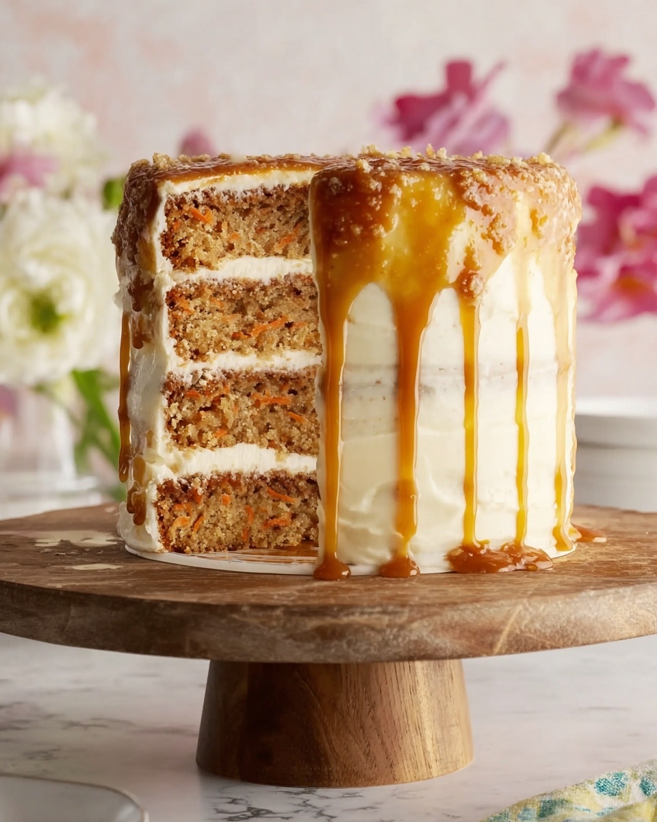 A tall cake with five visible layers stands on a light wooden cake stand. Each layer is light brown and fluffy, separated by smooth white cream filling. The outside of the cake is covered evenly with thick white frosting. Rich caramel sauce drips from the top, running down the sides in shiny, thick streams. The background has soft pink and white flowers, with a white marbled surface below. photo taken with an iphone --ar 4:5 --v 7
