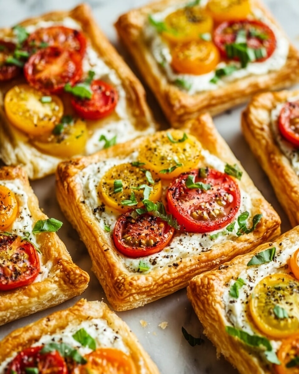 The image shows several square puff pastries on a white marbled surface, each with three layers. The bottom layer is a golden-brown, flaky crust that looks light and crisp. The middle layer is creamy and white, spread evenly inside the pastry border. The top layer has slices of red, yellow, and orange cherry tomatoes arranged in groups of two or three, along with green chopped herbs scattered on top. There are also small specks of black pepper sprinkled over the tomatoes and cream. The pastries are close together, filling the frame with a fresh and colorful look. photo taken with an iphone --ar 4:5 --v 7