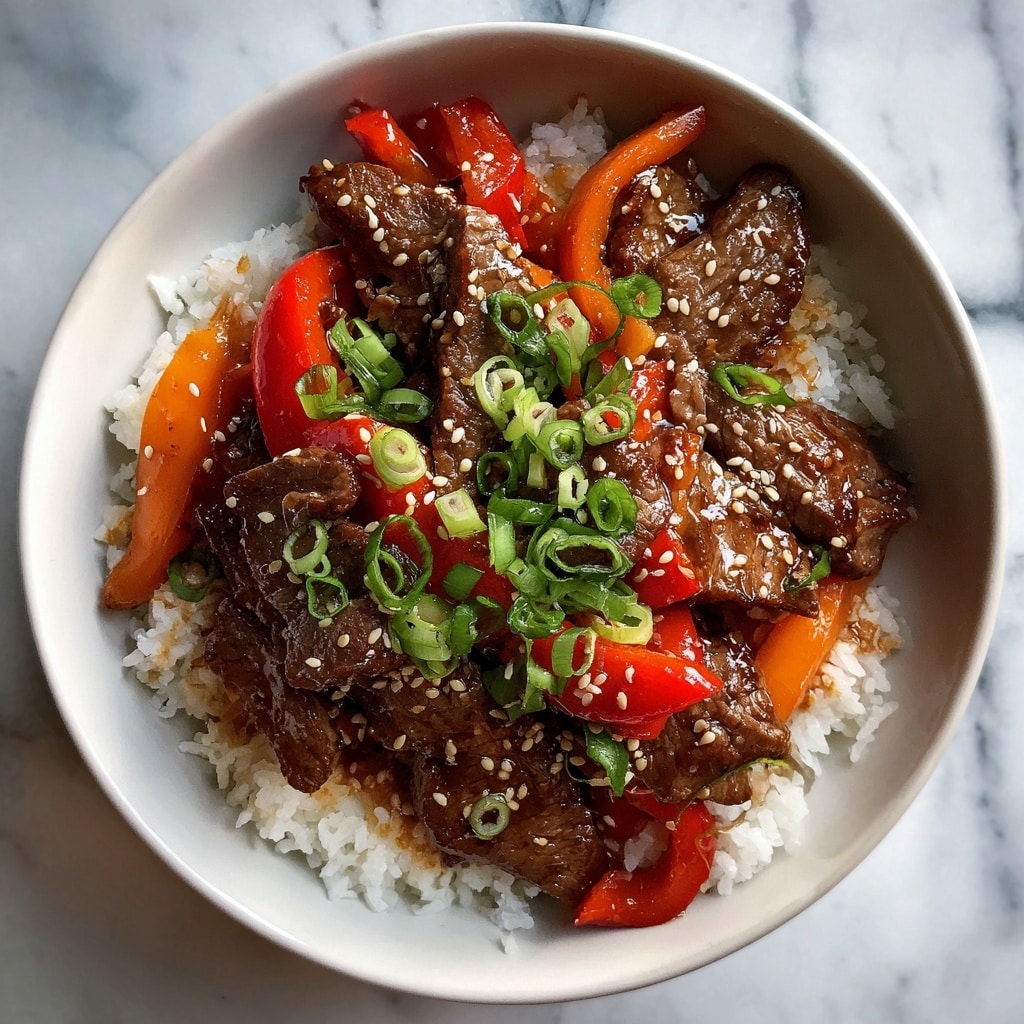 The dish shows a close-up of sliced beef cooked in a dark glossy sauce, mixed with thin strips of bright red bell pepper and orange carrot, topped with green onion slices and sesame seeds. The beef and vegetables sit on a bed of fluffy white rice, all placed inside a white bowl. The background is a white marbled texture. photo taken with an iphone --ar 4:5 --v 7