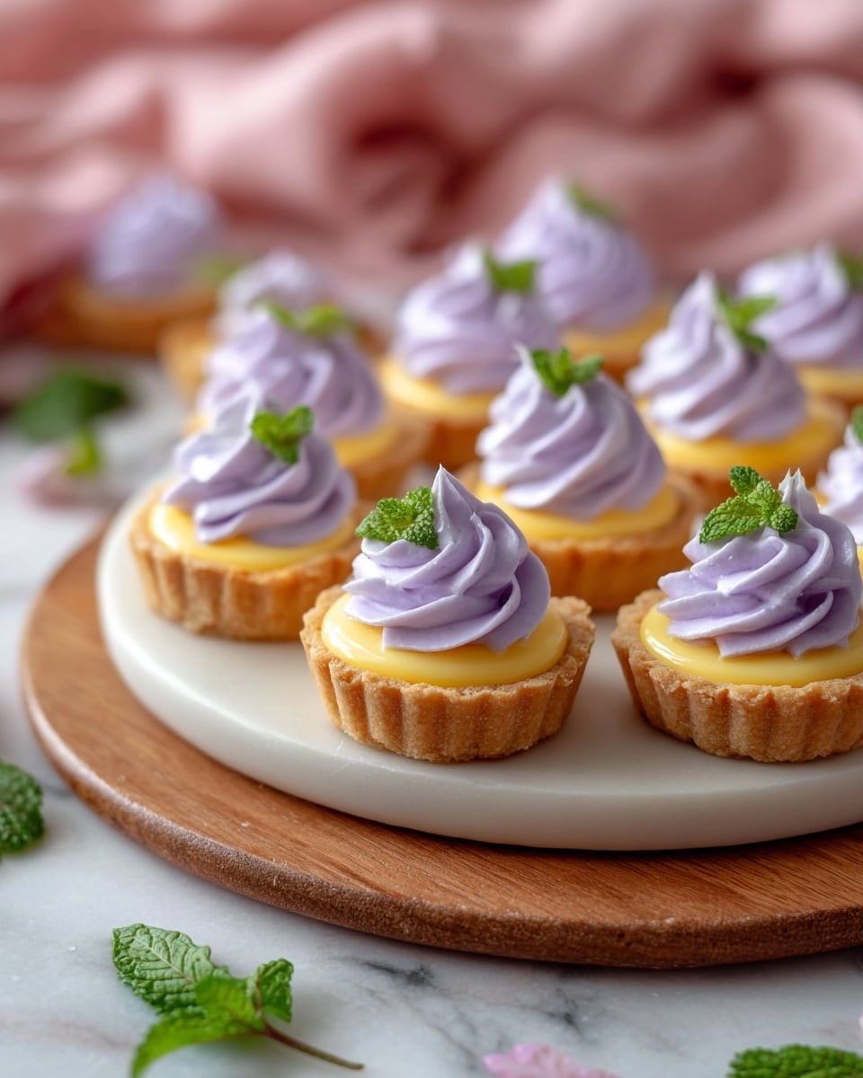 A group of small tartlets arranged closely on a round wooden board with a natural bark edge, placed on a soft pink fabric over a white marbled surface. Each tartlet has three layers: a golden-brown crumbly crust at the bottom, a smooth yellow filling in the middle, and a fluffy swirl of pale lavender cream on top with slightly browned tips. Small fresh green mint leaves are delicately placed on the cream for garnish. In the background, more tartlets are faintly visible out of focus. photo taken with an iphone --ar 4:5 --v 7
