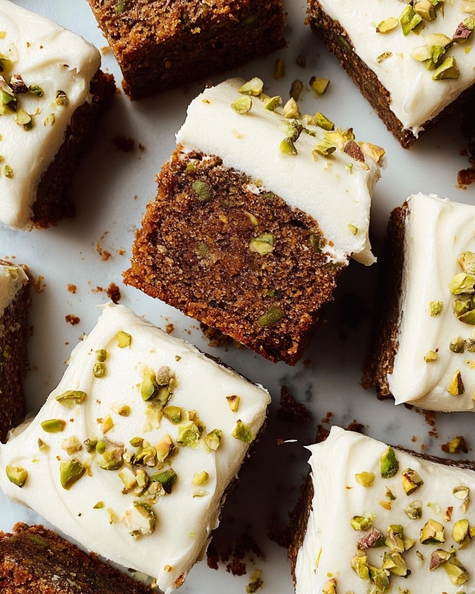 The image shows close-up pieces of a soft, moist brown cake with a thick, creamy layer of pale beige frosting on top. The frosting is unevenly spread, with a smooth but slightly textured look, and sprinkled with chopped green pistachio nuts. The cake is on a white marbled surface, with crumbs scattered around. One piece is broken to show the inside texture of the cake, which is dense and crumbly. photo taken with an iphone --ar 4:5 --v 7