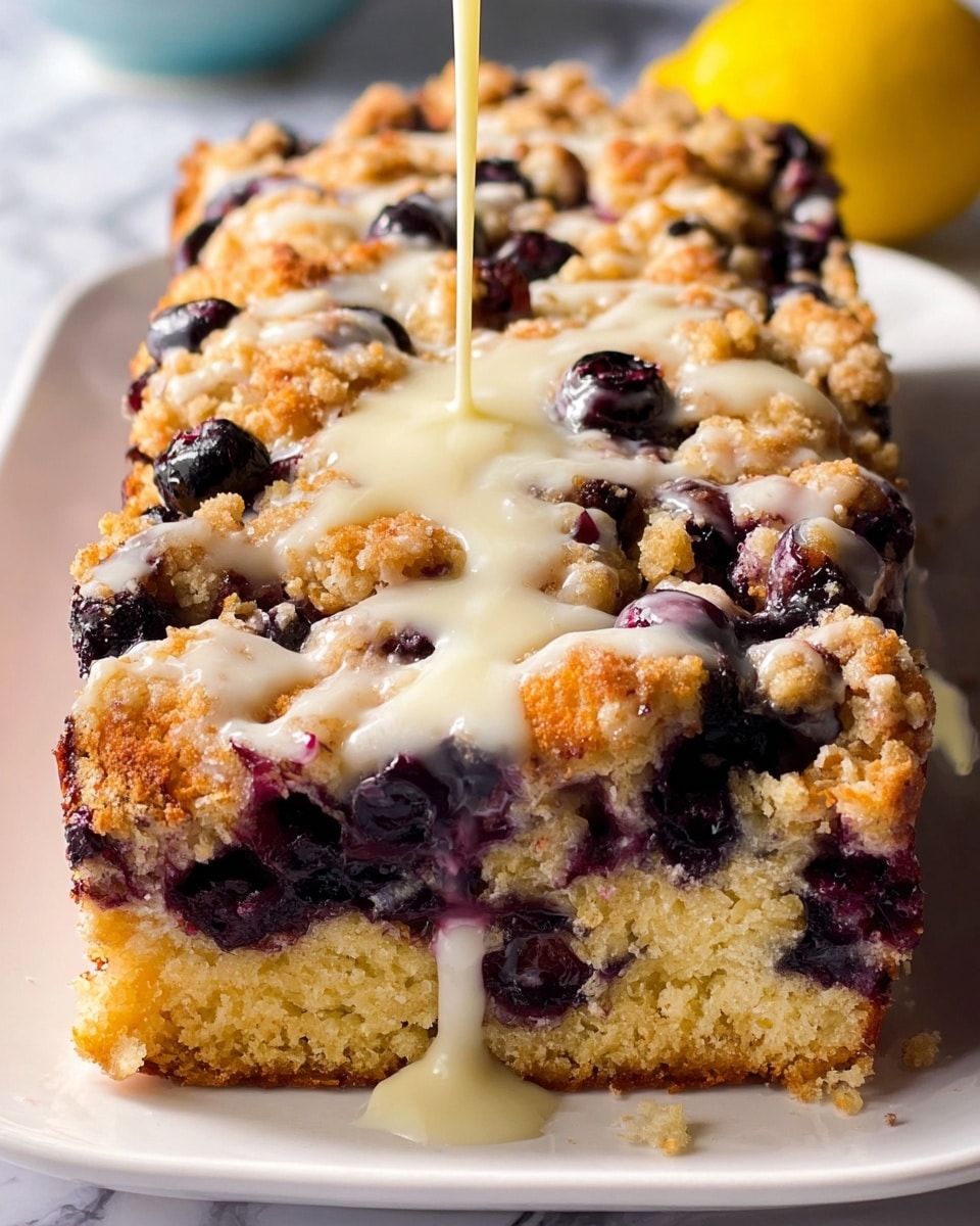 The image shows a loaf cake with two thick slices cut, placed on a white rectangular plate over a white marbled surface. The cake has three visible layers: a light golden brown crumbly crust on top mixed with dark purple blueberries scattered throughout, a soft pale yellow inside with more blueberries unevenly spread, and a bottom layer slightly darker brown where the cake meets the plate. The texture looks moist and dense inside but crumbly and rough on top with blueberries bursting and creating purple spots. Near the plate, a bright yellow lemon is partly shown on the white marbled background. Photo taken with an iphone --ar 4:5 --v 7