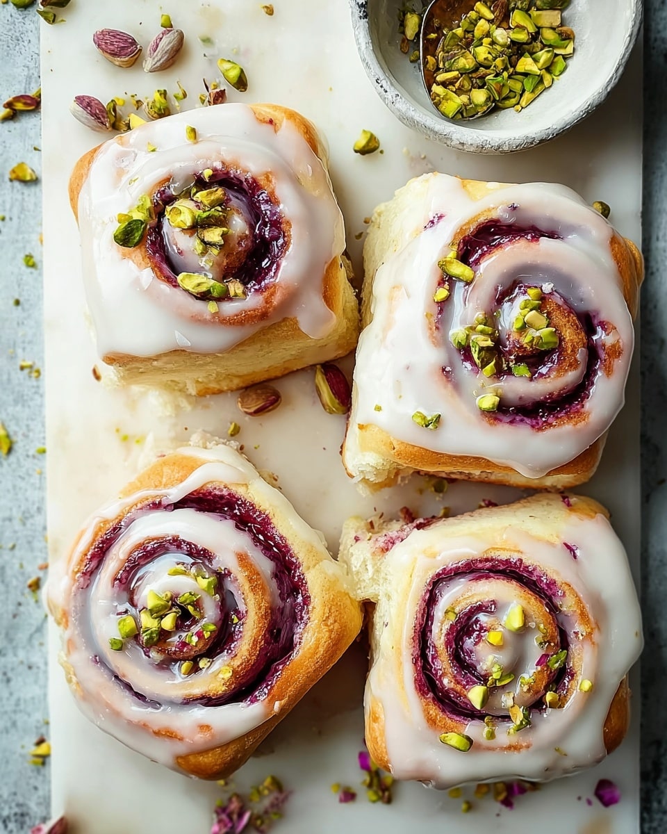 Four square-shaped cinnamon rolls sit closely arranged on a white marbled surface. Each roll has a soft, golden-brown base layer of dough with a visible swirl of bright purple-red filling creating a spiral pattern from the center to the edges. The top layer is thick white icing, glossy and slightly melted around the edges, covering parts of the swirl. The rolls are sprinkled with bright green chopped pistachios, adding texture and color contrast. A small bowl with more pistachios and scattered pistachio pieces and petals are visible near the top. The overall look is fresh and inviting. photo taken with an iphone --ar 4:5 --v 7