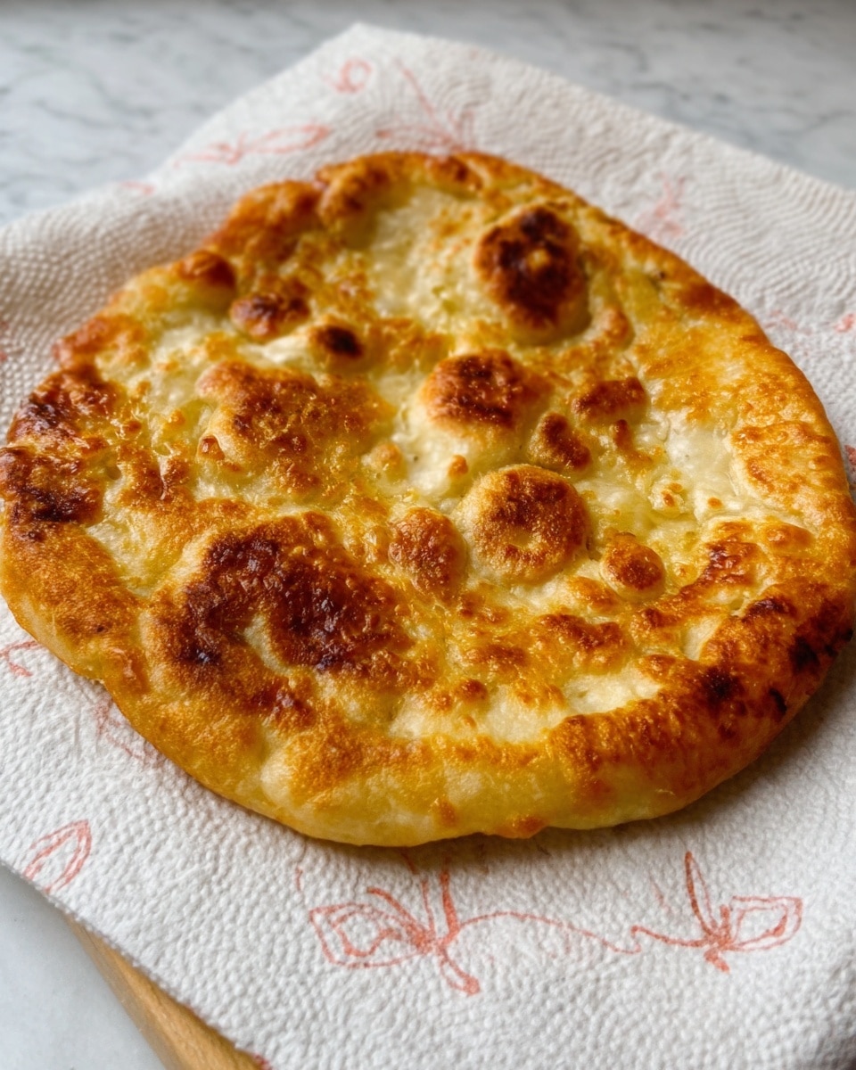 The image shows a close-up of a tall stack of three fried dough pieces that are golden brown and crispy on the outside, placed on white parchment paper. The top piece is covered with a creamy white layer that looks soft and smooth, topped with shredded white cheese that adds texture and contrast. In the background, there are blurred white ceramic dishes and a blue and white patterned cup, all set on a white marbled surface. A woman's hand is seen holding part of the stack. Photo taken with an iphone --ar 4:5 --v 7