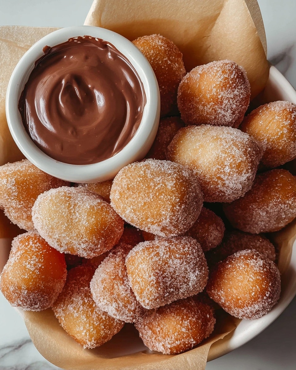 The image shows a white bowl lined with light brown parchment paper filled with small, golden-brown doughnut holes covered in a fine layer of white sugar. The doughnut holes are piled closely together, showing their round and slightly uneven shapes with a sugary texture. On the right side inside the bowl, there is a small white cup filled with smooth, glossy chocolate sauce with visible swirls on its surface. The bowl is placed on a white marbled surface. photo taken with an iphone --ar 4:5 --v 7