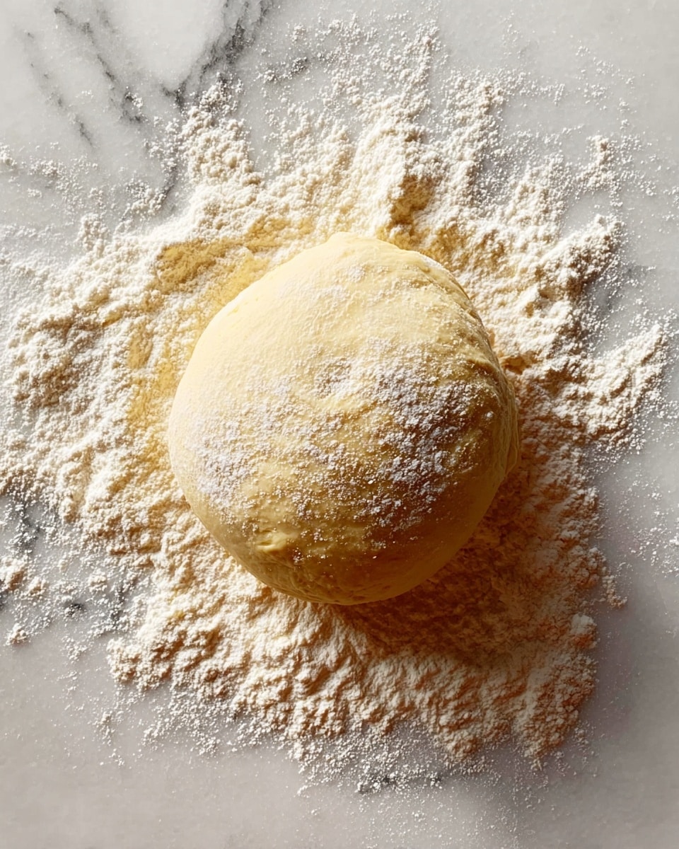 A smooth, round ball of dough rests on a white marbled surface lightly dusted with white flour. The dough has a soft, slightly textured surface with a pale yellowish color. The scattered flour around the dough creates a light powdery layer that contrasts with the marbled background. photo taken with an iphone --ar 4:5 --v 7