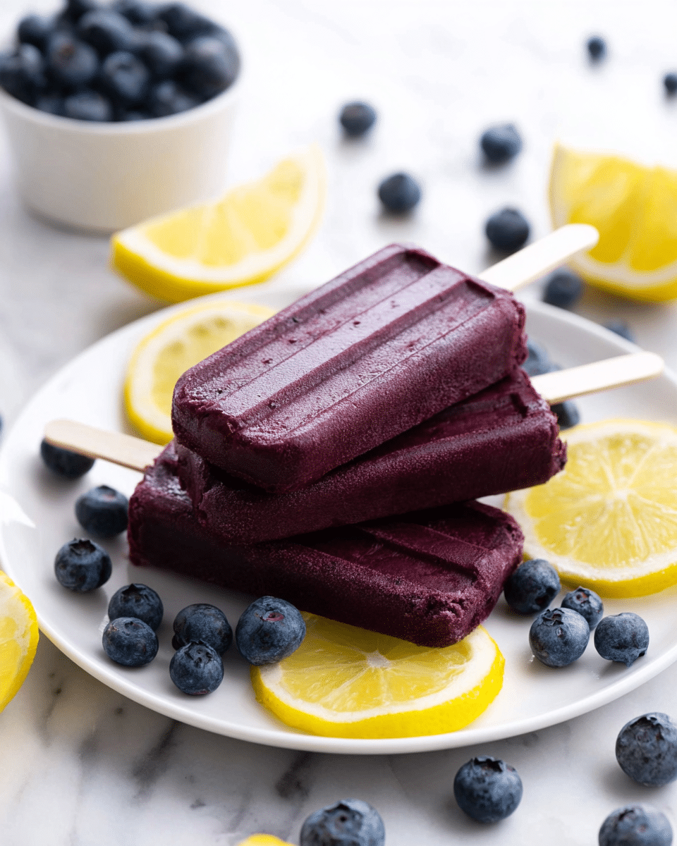 The image shows four deep purple popsicles with a smooth, slightly frosted texture, each having three vertical grooves on the front. The popsicles are arranged in a loose pile on a white plate with their light wooden sticks pointing outward. Scattered around and underneath the popsicles are fresh blueberries with a rich blue color and a glossy surface. Bright yellow lemon slices with visible juicy segments are placed around the edges of the plate, adding contrast to the dark popsicles. The plate sits on a white marbled surface, enhancing the fresh and clean look of the scene. photo taken with an iphone --ar 4:5 --v 7