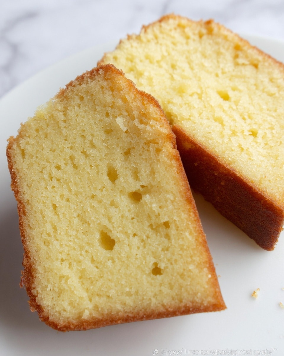 Two slices of yellow pound cake with a soft, moist texture and a light brown crust on the edges are placed on a white plate. The cake has a fine crumb with small holes scattered evenly throughout. The smooth top of each slice is a pale yellow, contrasting with the slightly darker golden brown edges. The background is a white marbled texture. photo taken with an iphone --ar 4:5 --v 7