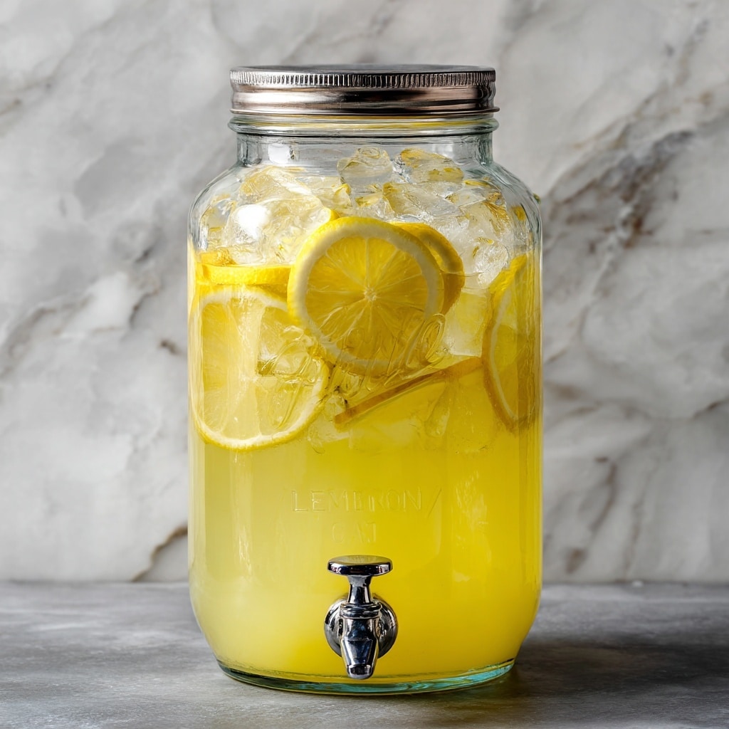 A large clear glass drink dispenser filled with light yellow lemonade, visible layers include ice cubes floating near the top with lemon slices mixed in, the lemonade liquid is a smooth yellow color filling the majority of the jar. The jar has a silver metal lid and a silver spout at the bottom right for pouring. The jar sits on a dark surface with a white marbled textured background behind it. photo taken with an iphone --ar 4:5 --v 7