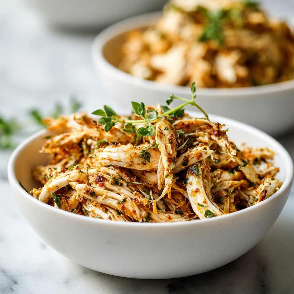 A close-up shows a white bowl filled with shredded cooked chicken, seasoned with a mix of herbs and spices giving it a golden-brown color with specks of green herbs scattered throughout; the shredded pieces are layered loosely with some darker grilled spots, topped with small sprigs of fresh green herbs. Another similar bowl blurred in the background rests on a white marbled surface. photo taken with an iphone --ar 4:5 --v 7
