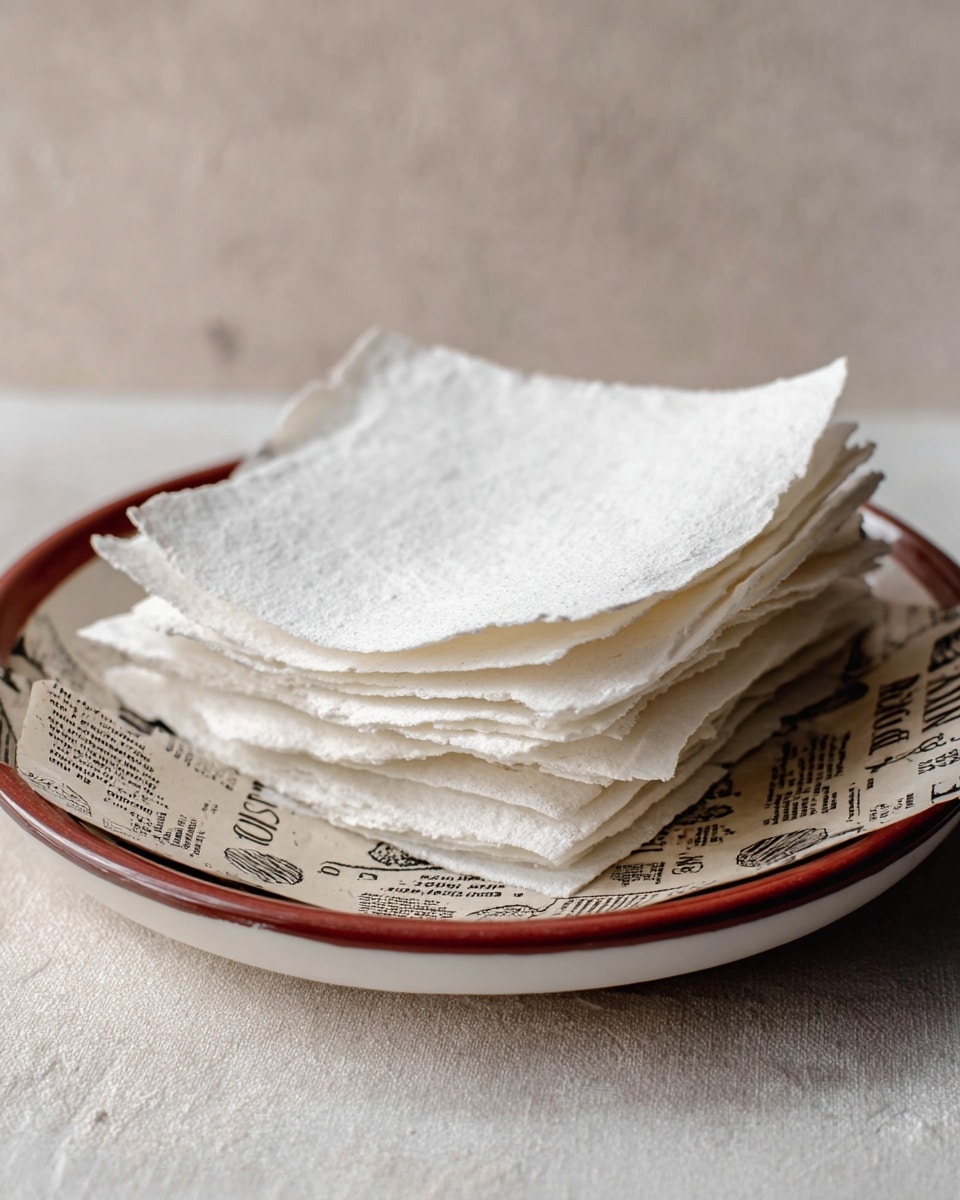 A stack of thin, white, slightly rough-textured sheets is neatly piled in the center of a round white plate. The layers are unevenly folded with soft edges, showing about six visible sheets on top of each other. Under the stack, there is a piece of paper with black printed text and designs. The plate sits on a white marbled textured surface that contrasts softly with the smooth, powdery sheets. photo taken with an iphone --ar 4:5 --v 7
