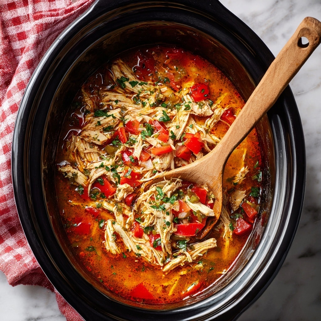 A black slow cooker filled with shredded chicken stew that has a mix of red and green bell peppers, onions, and small bits of herbs, all swimming in a rich orange-red broth. A wooden spoon with a hole near the end is resting inside the stew, slightly lifting some of the chicken from the bottom. The slow cooker is placed on a white marbled surface, with a red and white checkered cloth nearby. Photo taken with an iphone --ar 4:5 --v 7
