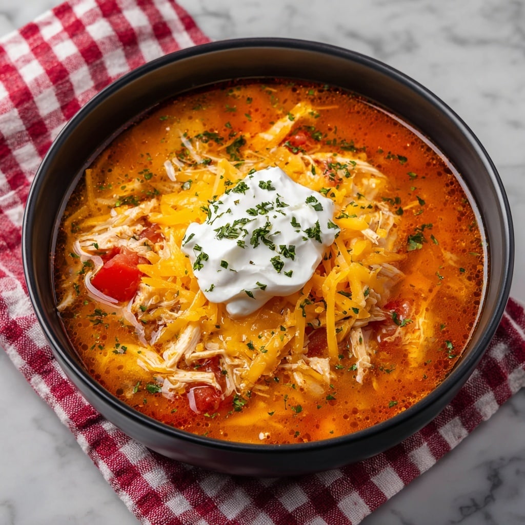 A black bowl filled with a bright reddish-orange soup as the base layer, containing visible chunks of shredded white chicken and pieces of red tomato, all mixed into the broth. On top in the center is a dollop of white sour cream, partially covered by a sprinkling of shredded yellow cheddar cheese. The dish is finished with small pieces of green herbs scattered all over. The bowl sits on a white marbled surface with a red and white checkered cloth in the background. photo taken with an iphone --ar 4:5 --v 7