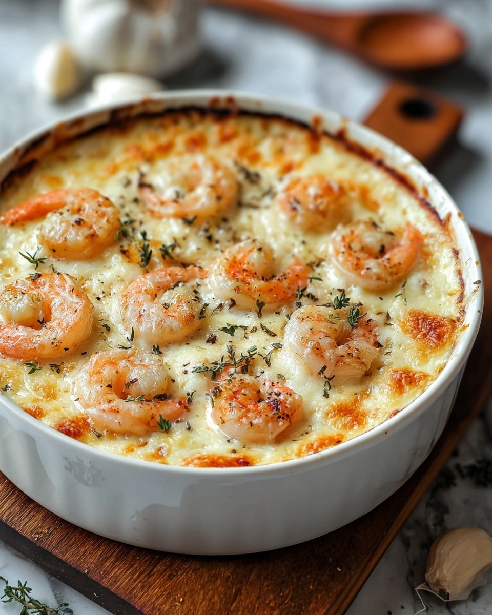 The dish shows a round white ceramic baking dish filled with a creamy layered shrimp casserole. The bottom layer is smooth, white creamy sauce with soft texture. On top of that, there is a golden brown baked cheese layer with some black pepper and green herb specks, creating a slightly crispy surface. Large pink shrimps are placed evenly over the top, partly embedded in the cheese layer, adding a touch of light orange and white. A wooden spoon is scooping some creamy sauce from the front side of the dish. The dish is placed on a round wooden board, set against a white marbled textured surface in the background. Photo taken with an iphone --ar 4:5 --v 7