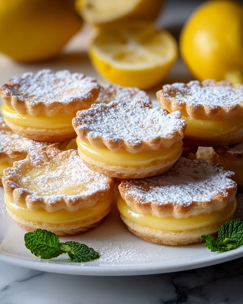 The image shows a white plate piled with several small lemon tarts, each with three visible layers: a bottom golden-baked crust, a middle thick layer of smooth yellow lemon filling, and a top thin crust dusted with powdered sugar. The edges of the top crust are scalloped and lightly browned, giving a textured look. The lemon filling appears glossy and slightly translucent, showing a soft, jelly-like texture. Fresh green mint leaves and whole lemons are placed around the plate on a white marbled surface, adding color contrast. The light hits the tarts softly, highlighting the powdered sugar on top and the shiny lemon filling beneath. photo taken with an iphone --ar 4:5 --v 7