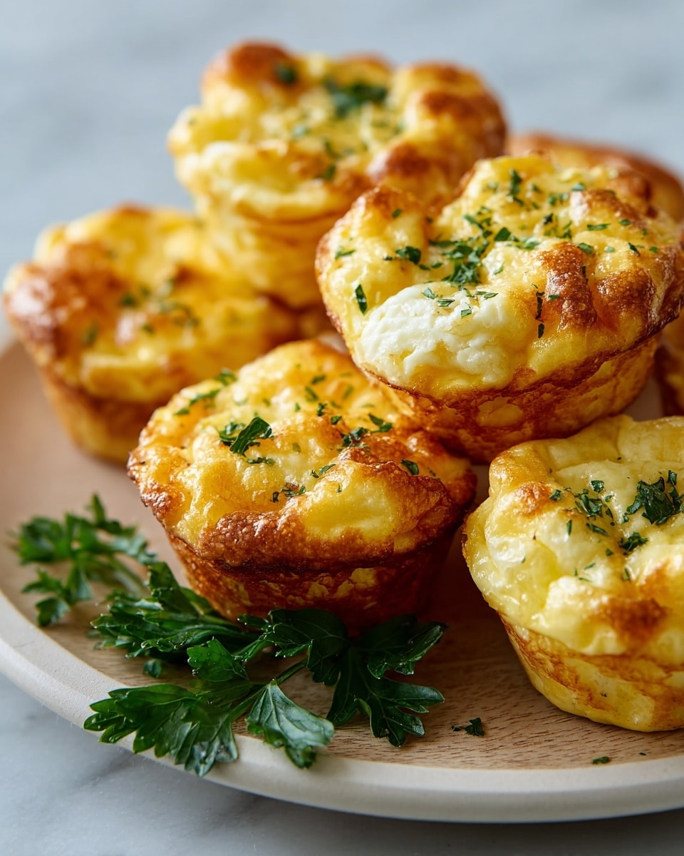 A close-up of several small, golden brown egg muffin cups arranged on a round white plate. Each muffin has a puffy, soft texture with lightly browned, crispy edges and visible small green herb bits sprinkled on top and inside. The muffins show a light yellow and white color mix from the eggs and cheese, creating a fluffy, layered look. A sprig of fresh green parsley lies on the plate near the front muffin, adding a touch of color contrast. The dish is set on a white marbled surface. photo taken with an iphone --ar 4:5 --v 7