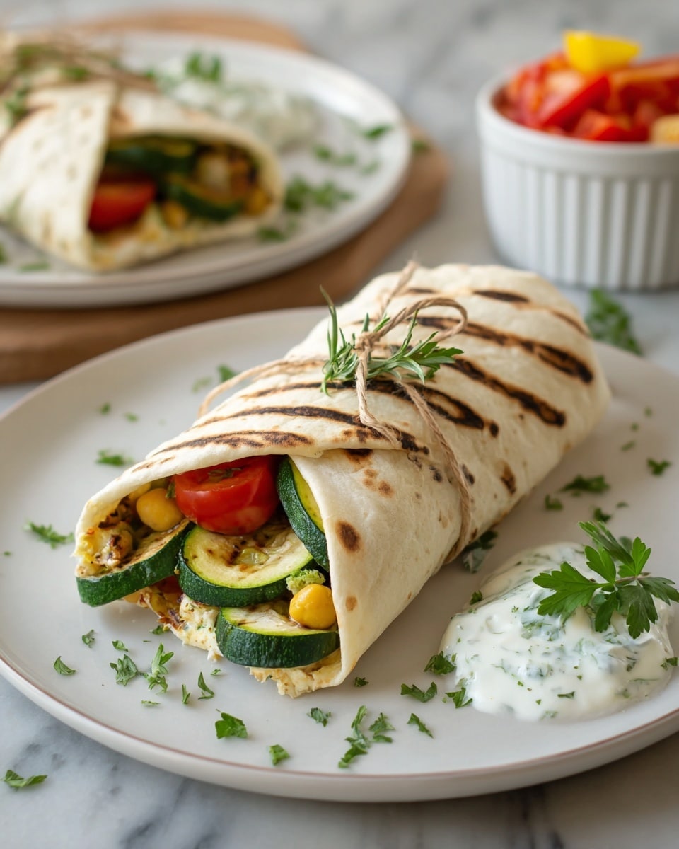 A stack of three grilled wraps is shown on a white marbled surface, each wrap cut in half to reveal the inside. The outer layer is a light brown tortilla with dark grill lines, slightly crisped. Inside, the first layer is a white creamy sauce with small green herbs mixed in, spread thickly across the bottom. Above the sauce, there is a layer of light yellow chickpeas with a slightly charred texture, mixed with small pieces of grilled green zucchini. The wraps are stacked with the cut sides facing forward, clearly showing the layers and textures inside. Photo taken with an iphone --ar 4:5 --v 7