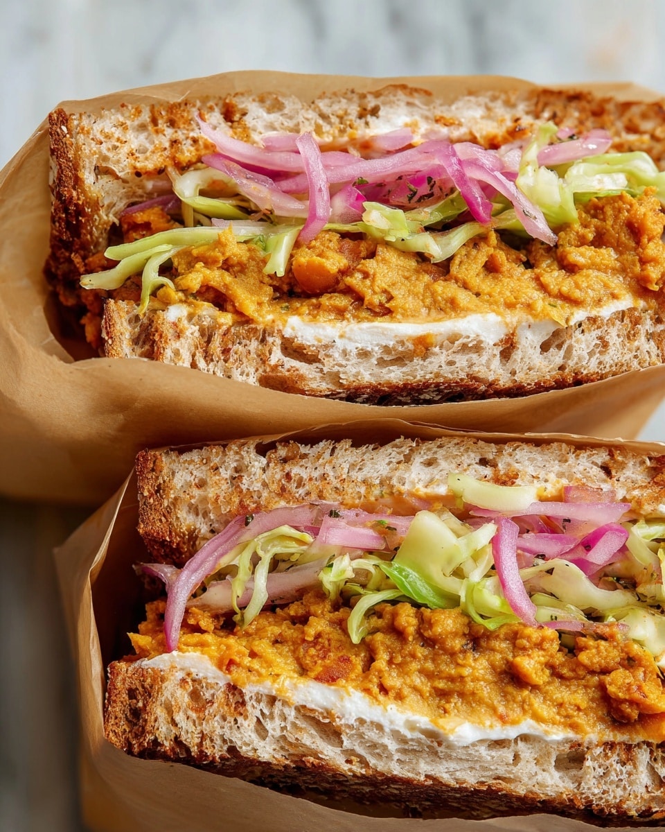 The image shows a close-up of two sandwich halves wrapped in light brown paper, each sandwich having three visible layers. The bottom layer is a thick slice of toasted bread with a textured crust and soft inside. On top of the bread is a creamy white spread, followed by a chunky textured layer of orange filling that looks like mashed vegetables or legumes. Above the orange layer, there are thin strips of green cabbage mixed with slices of light pink and purple onions, adding color and texture. The sandwiches rest on a white marbled surface. photo taken with an iphone --ar 4:5 --v 7