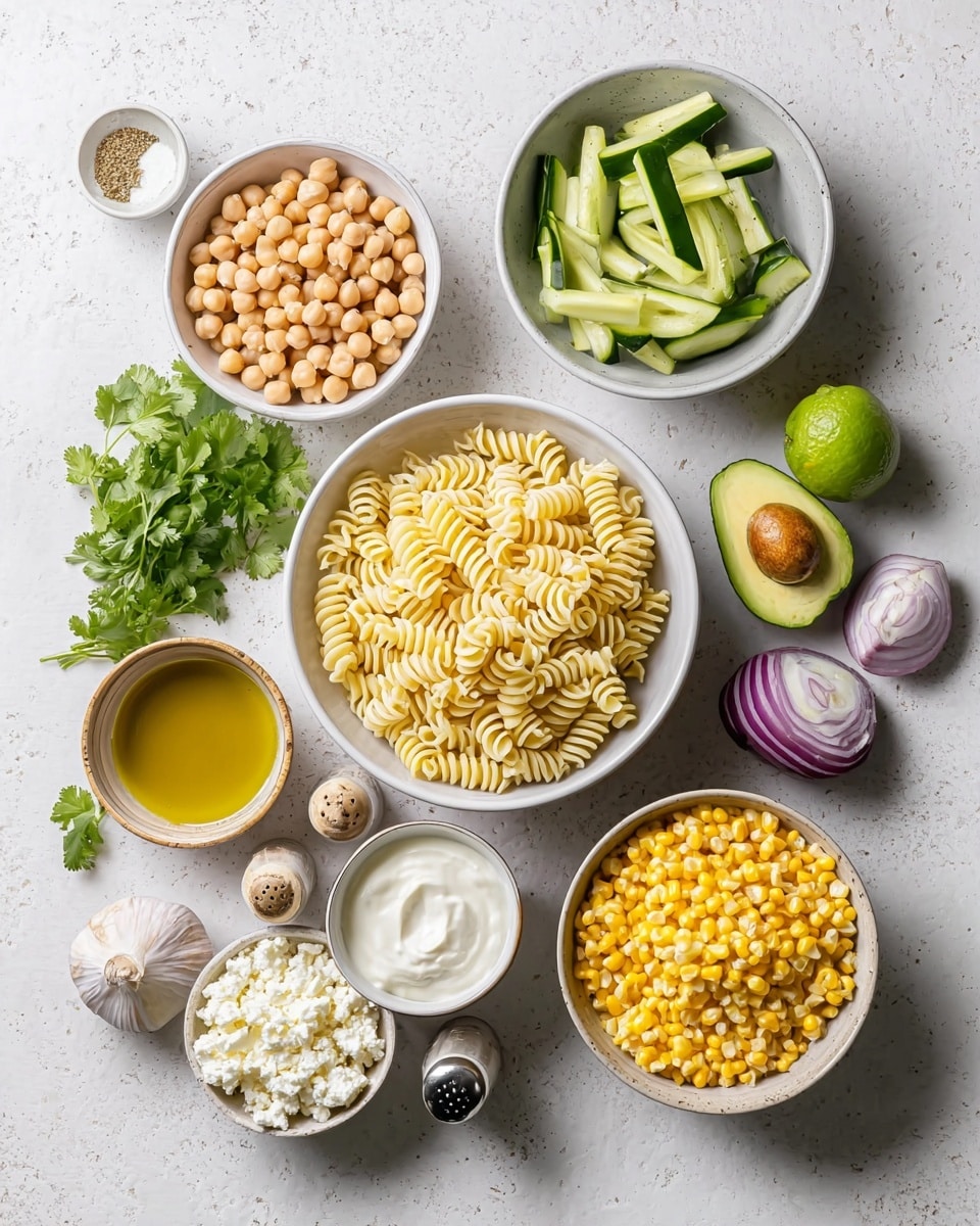 A top-down view of several bowls and fresh ingredients arranged neatly on a white marbled surface. In the center, a white bowl holds firm, cooked spiral pasta with a pale yellow color. Above it, a white bowl contains long green cucumber slices with visible seeds inside. To the right of the pasta, a gray bowl holds bright yellow corn kernels. Next to the corn, a smaller white bowl has thick white sauce or yogurt with a smooth texture. Below the pasta, a small white bowl is filled with white crumbled cheese. To the left of the cheese, a tan-brown bowl contains golden olive oil with a shiny surface. On the left side, another white bowl is full of light beige chickpeas. Nearby are fresh green cilantro leaves, two red onion slices showing rings and texture, and a halved green avocado with its seed removed. In the upper right section, a small white bowl holds three whole green limes, with a halved avocado, whole garlic bulb, and a few garlic cloves placed close by. There are also two salt and pepper shakers between the garlic and the corn. photo taken with an iphone --ar 4:5 --v 7
