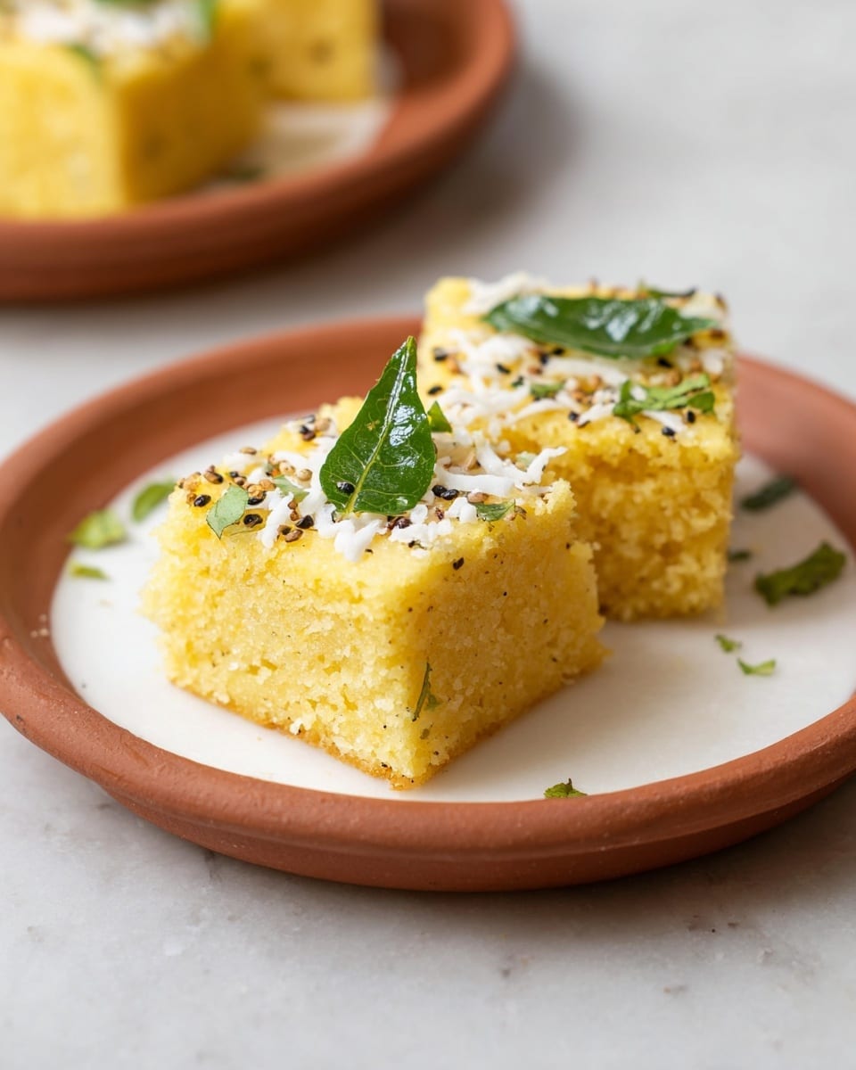 Two square pieces of soft, yellowish cake with a spongy texture sit side by side on a white plate. Each piece is topped with a single green curry leaf, white shredded coconut, black mustard seeds, and small green herb pieces, giving a fresh and colorful look. The plate rests on a white marbled surface with another plate of similar cake pieces blurred in the background. photo taken with an iphone --ar 4:5 --v 7
