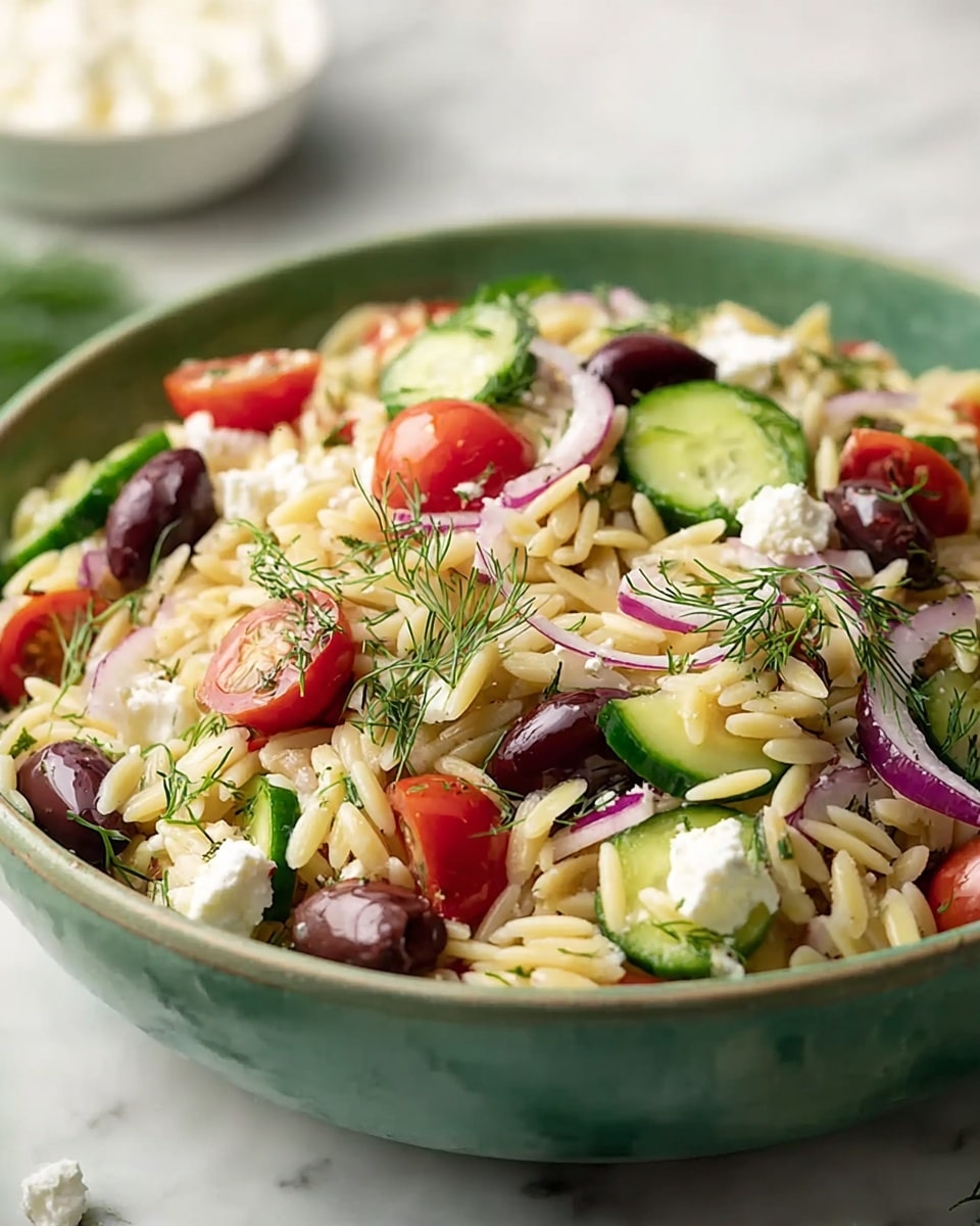A large green bowl sits on a white marbled surface, filled with a colorful orzo salad. The base layer is made of beige orzo pasta, mixed with bright red halved cherry tomatoes and dark purple Kalamata olives. Thin slices of cucumber with green edges and pale centers are layered evenly throughout. Small chunks of white feta cheese are scattered on top, adding a crumbly texture, along with thin slices of purple-red onion and fresh green dill sprigs that add a leafy detail. In the blurred background, a white bowl with extra crumbled feta is visible. Photo taken with an iphone --ar 4:5 --v 7