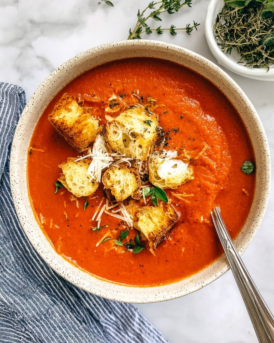 A bowl filled with thick, smooth, bright red tomato soup forms the base layer, topped with scattered light yellow toasted croutons that look crunchy with some browning, and small white shredded cheese clusters spread unevenly on top. A few small green herb leaves are sprinkled over the soup, adding a splash of color contrast. A silver spoon is placed inside the bowl on the right side, with its handle resting on the bowl’s edge. The bowl is light beige with speckles, set on a white marbled surface. In the top right corner, a white bowl with torn dark green herbs and a small bunch of fresh thyme sit near the bowl. A blue and white striped cloth is partly visible at the lower left edge of the image. photo taken with an iphone --ar 4:5 --v 7