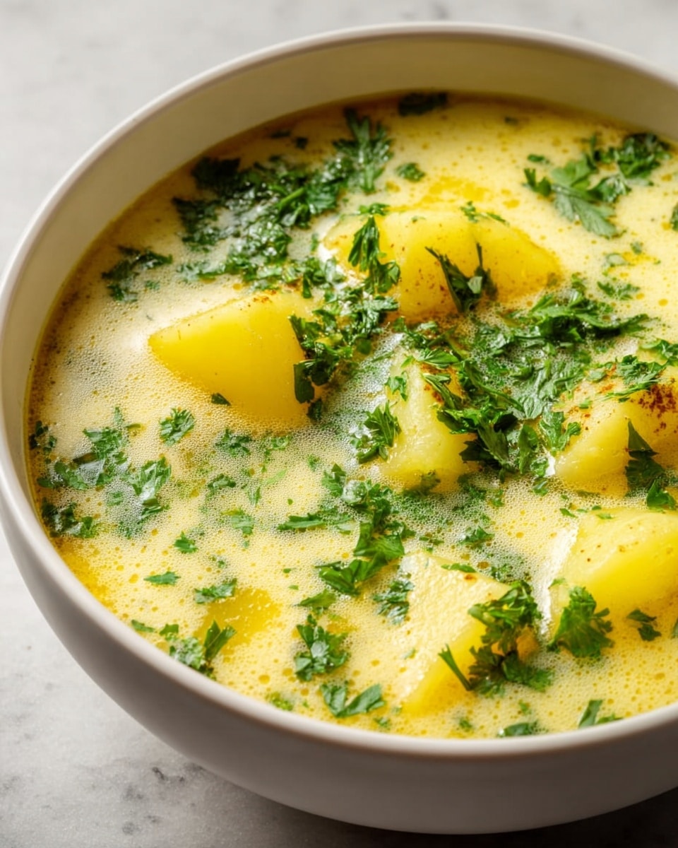 A close-up view of a creamy yellow soup served in a white bowl with a rustic brown rim. The soup has several soft, yellow potato pieces floating on top, surrounded by finely chopped green herbs scattered across the surface. There are small specks of red seasoning and a light frothy texture on the soup’s surface, all set against a white marbled texture background. photo taken with an iphone --ar 4:5 --v 7