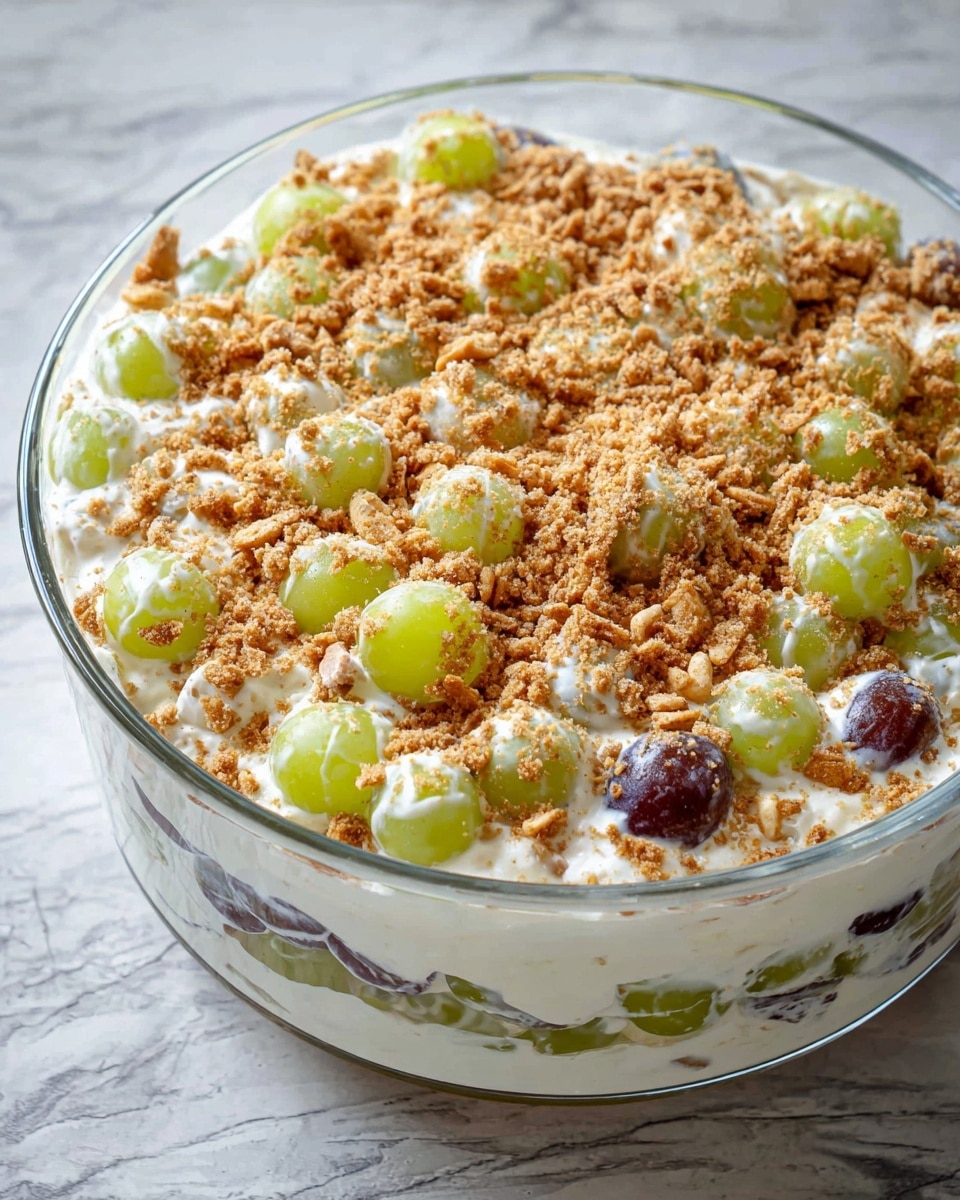 A clear glass bowl holds a creamy fruit salad with two visible layers: the base layer is made up of green and purple grapes, showing their smooth, round surfaces; the top layer is thick white cream coating the grapes unevenly, creating a soft texture with some areas showing the fruit beneath. Scattered over the top are small crunchy bits of brown nuts and crumbs, adding contrast with their rough texture and sprinkled appearance. A silver spoon stands upright in the bowl, partially covered with cream. The bowl sits on a white marbled surface. photo taken with an iphone --ar 4:5 --v 7