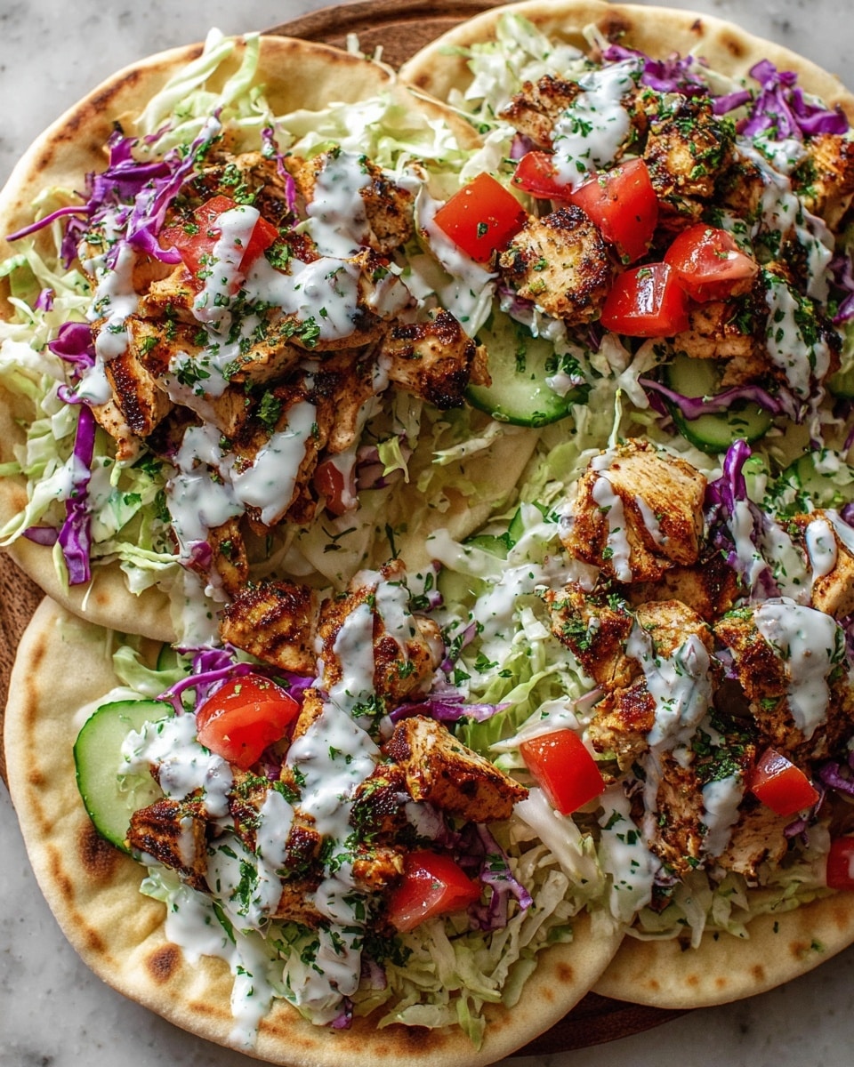 The image shows three wraps laid out on a surface with a white marbled texture, each with a base layer of soft, round, lightly toasted flatbread. On this flatbread, there is a fresh layer of shredded green and purple cabbage along with small slices of cucumber, creating a mix of green and purple colors. On top of the vegetables are slices of grilled chicken with a browned, slightly charred texture. The chicken is generously drizzled with a white sauce speckled with green herbs. Fresh diced red tomatoes and small green herb sprinkles are scattered over the top, adding bright pops of color. The wraps look fresh and layered with crisp, juicy, and savory elements. photo taken with an iphone --ar 4:5 --v 7