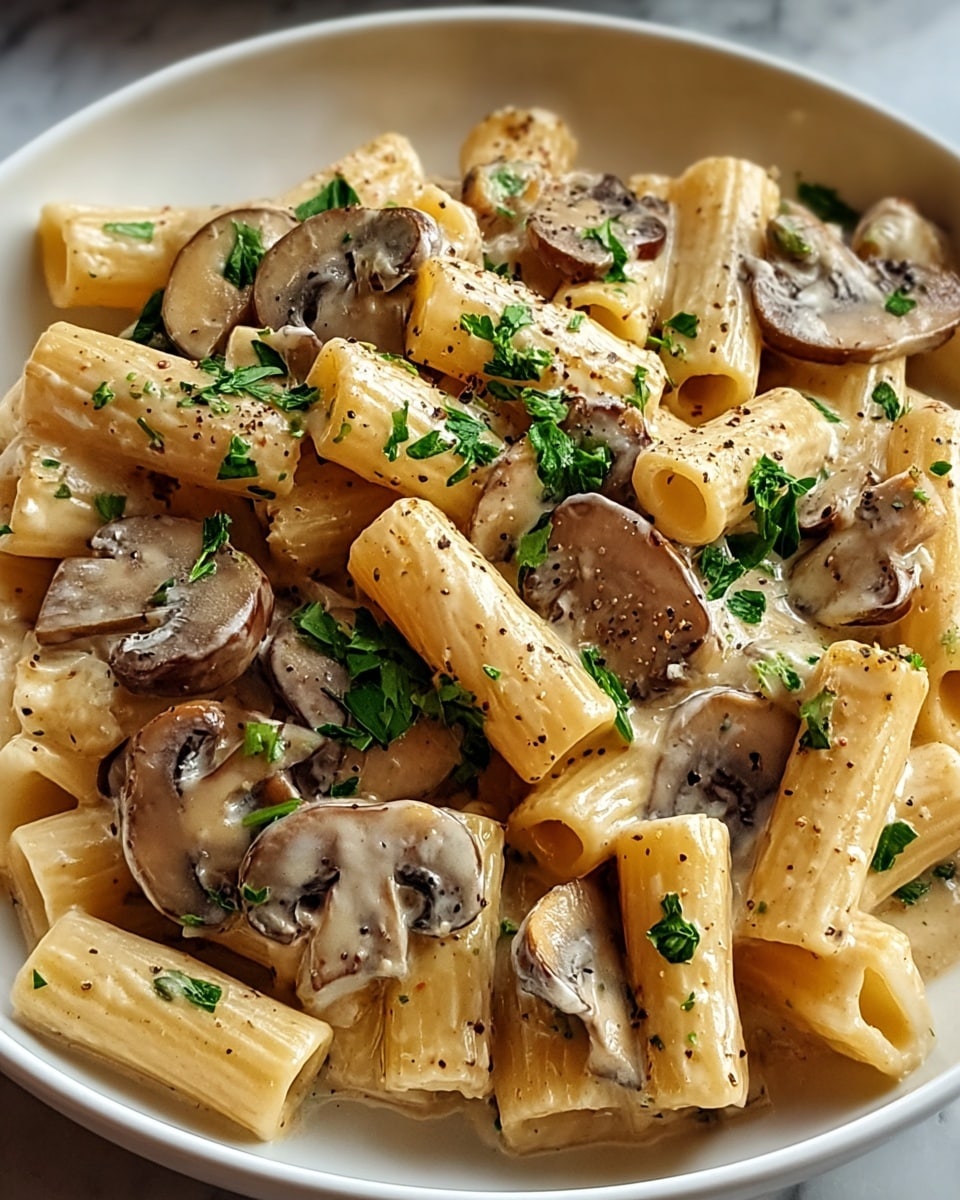 A close-up view of a white plate filled with rigatoni pasta coated in a light brown creamy sauce. Scattered throughout are sliced brown mushrooms with a glossy texture and bits of green spinach leaves, all sprinkled lightly with black pepper. The pasta has a ridged surface, and the sauce clings smoothly, adding a shiny, rich look. The background is a white marbled texture. photo taken with an iphone --ar 4:5 --v 7