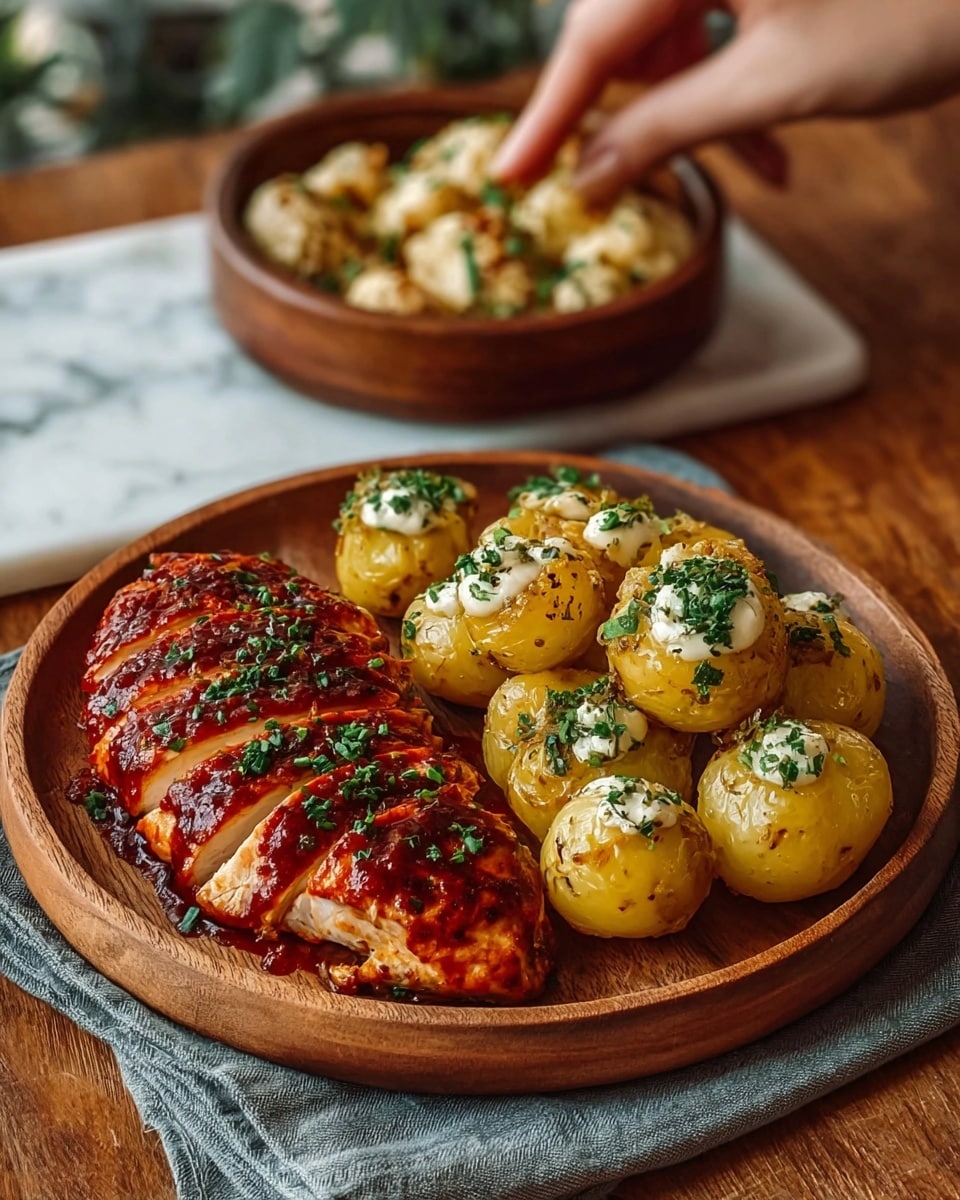 The image shows a wooden plate with two main layers of food against a white marbled surface. The first layer on the left side features thick slices of grilled chicken breast, covered in a glossy, dark reddish-brown sauce with hints of char. The chicken is sprinkled with chopped green herbs. The second layer, on the right side, is small, whole yellow potatoes coated with a creamy white sauce and sprinkled with chopped green herbs. In the background, there is a white bowl filled with a pale food garnished with chopped greens. Photo taken with an iphone --ar 4:5 --v 7