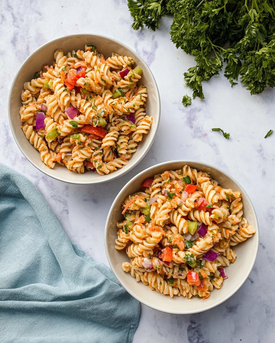 Two white bowls sit on a white marbled surface, each filled with a colorful pasta salad. The pasta is curly and light golden, mixed with small chunks of red bell pepper, purple onion, and green celery, all evenly spread throughout. Small bits of orange carrot and green parsley leaves add texture and bright color to the dish. The bowls are placed near a light blue cloth and some fresh parsley, creating a fresh and inviting look. Photo taken with an iphone --ar 4:5 --v 7