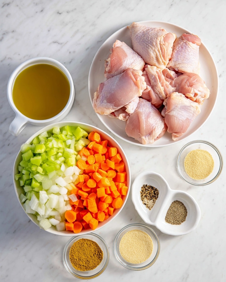 The image shows several bowls and plates of fresh ingredients on a white marbled surface. On the right, a round white plate holds six pieces of raw chicken thighs with a pinkish color and some white fat. To the left, a large white bowl is filled with three layers of chopped vegetables: diced white onions, sliced bright green celery, and round orange carrot pieces. Below these, a white ramekin contains a clear golden liquid, likely oil or broth. Near the bottom, there are small clear glass bowls with light yellow powder and beige ground spice. To the right of those is a small white heart-shaped dish divided into four sections, each holding different spices in white, black, and yellow hues. photo taken with an iphone --ar 4:5 --v 7