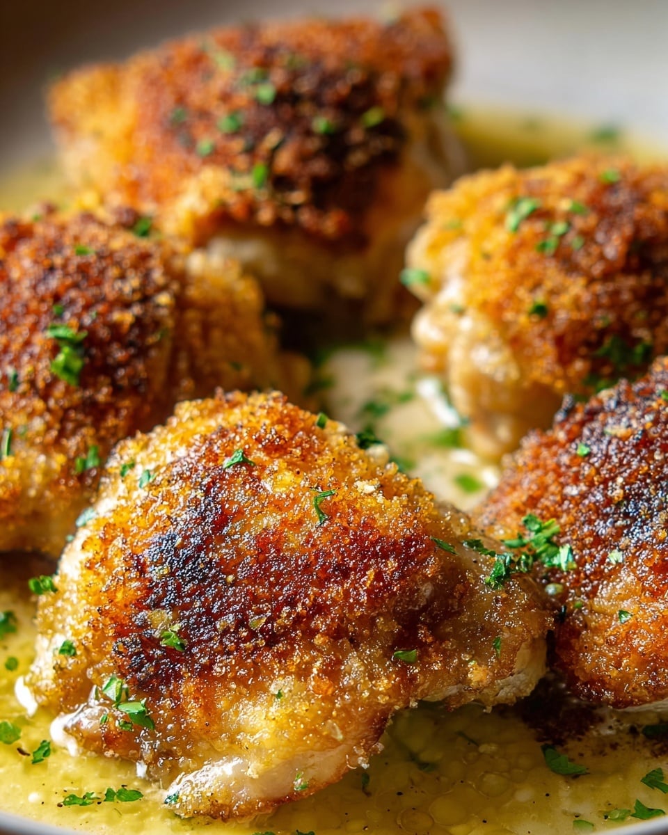 Four pieces of crispy baked chicken thighs are shown, each with a golden-brown, textured crust layered on top of tender, juicy chicken meat. The crispy skin is unevenly browned with spots of darker toasted areas, sprinkled with small bits of fresh green herbs. The chicken sits in a shallow pool of light golden butter sauce that adds shine and moisture. The image focuses closely on the chicken, highlighting the crunchy crust and tender inner flesh, set against a white marbled texture. Photo taken with an iphone --ar 4:5 --v 7